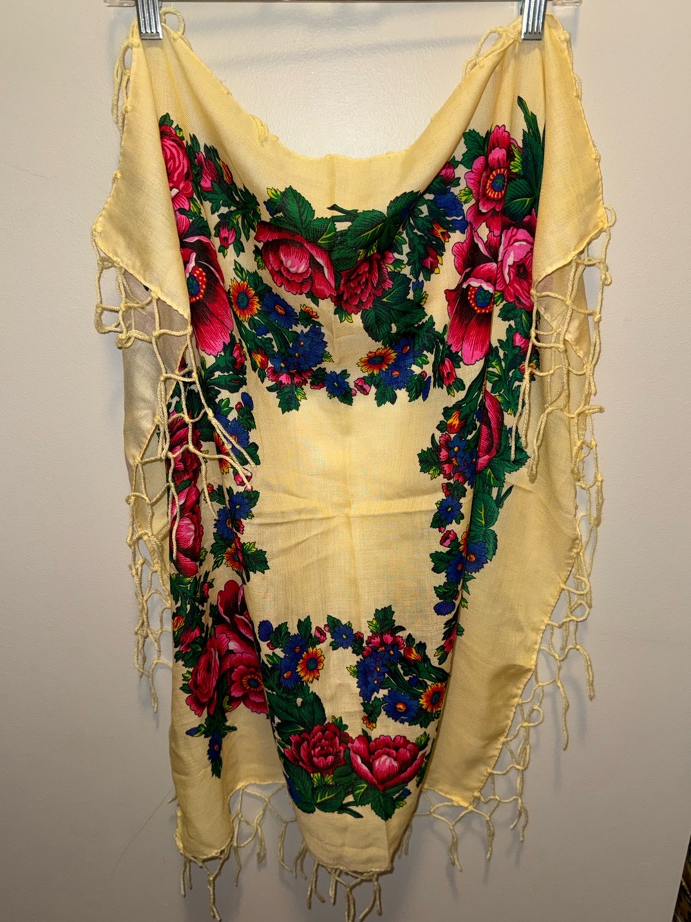 Floral Fringed Women's Scarf - Yellow with Pink & Green Floral Print